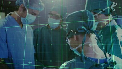Poster - Animation of grid pattern over diverse doctors performing surgery in operation theater at hospital