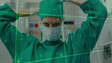 Poster - Animation of grid pattern over female caucasian surgeon putting mask before surgery