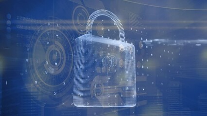 Poster - Animation of padlock, changing numbers, letters over circles and binary codes on abstract background