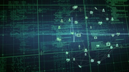 Poster - animation of connected icons forming globe and heart rhythm over computer language