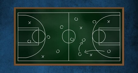 Poster - Animation of basketball court with arrows, cross and circle markings on blue background