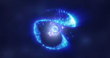 Poster - Abstract blue energy sphere with flying glowing bright particles, science futuristic atom with electrons hi-tech background