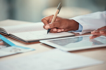 Fototapete - Notebook, writing and doctor hands on tablet for healthcare research, schedule app and clinic planning. Medical person on digital technology and journal for telehealth, notes and reminder or planner