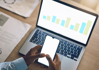 Poster - Phone space, business person and data analysis on laptop screen, financial research and increase or growth in graphs. Charts, stats and financial people hands on mobile app, ux ui mockup and computer