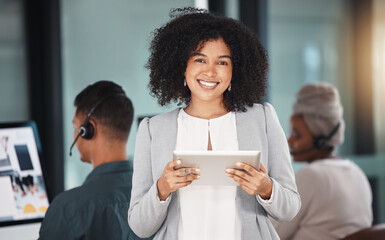 Canvas Print - Call center, tablet and business woman, portrait and customer service, support or telemarketing. Technology, sales agent and happy face of African consultant at help desk for crm, email or leadership