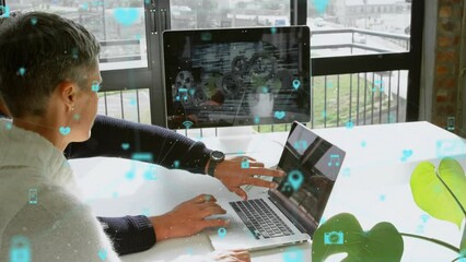 Poster - Animation of connected mobile apps over caucasian engineers discussing project over laptop in office