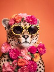 Wall Mural - Animal portrait of a wild animal, a vivid color leopard that is ready for a crazy summer party. Funny wild cat. Illustration, Generative AI.