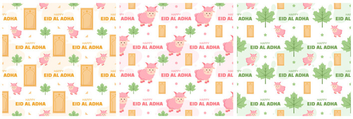 Wall Mural - Set of Happy Eid Al Adha Mubarak Seamless Pattern of Muslims Celebration with Sacrificial Animals in Template Hand Drawn Cartoon Flat Illustration