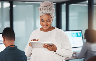 Aufkleber - Business, tablet and black woman, designer and creative working on project in office. Technology, smile and happy African graphic design professional with email, research or internet app for network.