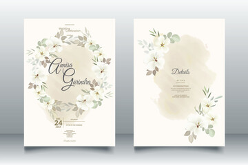 Canvas Print - Floral wedding invitation template set with white flower and leaves decoration Premium Vector