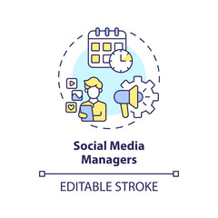 Social media managers concept icon. Digital marketing. Content plan. Schedule post. Community management abstract idea thin line illustration. Isolated outline drawing. Editable stroke