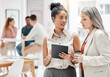© M Einero/peopleimages.com - Tablet, mentor and business woman with manager for advice, feedback and review at creative marketing agency. Senior person and employee on digital tech for internship ideas, proposal and design plan