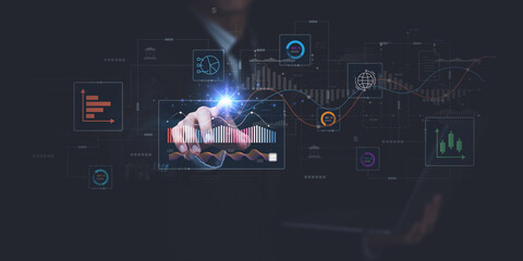 Wall Mural - analyst reading graph report and business statistics charts ,Analysis and improvement of corporate strategy,Statistics and Data Concepts ,manage financial and marketing documents ,growth graph