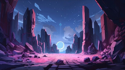 Stone ruins, space, stars, game background illustration