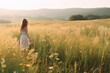 © Michael Schauer - woman in a dress standing in a wheat field during sunset