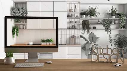 Aufkleber - Architect designer project concept, wooden table with house keys, 3D letters words kitchen design and desktop showing draft, blueprint CAD sketch in the background, interior design