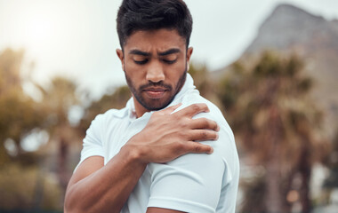 Canvas Print - Shoulder pain, fitness and man outdoors with problem, arthritis or fibromyalgia during workout in a park. Arm, injury and male runner with sports accident, emergency or osteoporosis after cardio run