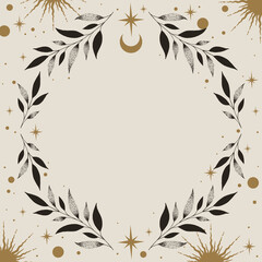vector mystic celestial frame with stars, crescents, leaves and a copy space. banner with an elegant