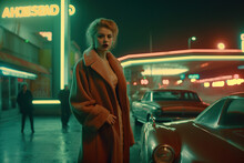 Young Confident Woman Standing In Front Of A Car And A Neon Sign, 80s Style
