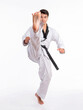 © suphaporn - Taekwondo high kick - black belt  taekwondo athlete martial arts master , handsome man show high kick pose during fighter training isolated on white background