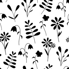 Wall Mural - Vector summer seamless pattern with minimal black small flowers. Simple silhouettes print on white background.