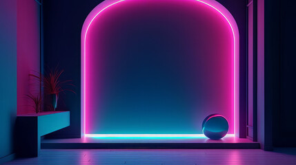 Wall Mural - Abstract blue pink neon studio background for product presentation. Empty room with shadows of window. Display product with blurred backdrop