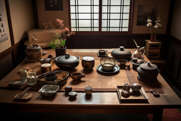 Wall Mural - A table set up for a traditional tea ceremony, with utensils and tea leaves elegantly arranged, showing a peaceful moment before the ceremony begins.