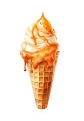 Canvas Print - Caramel ice cream in a waffle cone isolated on white background in watercolor style. Generative AI.