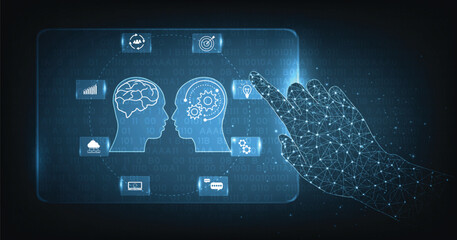 Poster - Human Chat with AI or Artificial Intelligence. AI chatbot or artificial intelligence can communicate through messages with humans naturally. Robot in online system.Futuristic technology.	