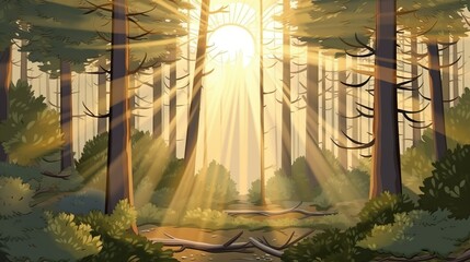 Wall Mural - Background sunbeams through the forest. Design showcasing an abstract background and designed  illustration portraying the sight of sunbeams piercing through a verdant forest. Generative AI.