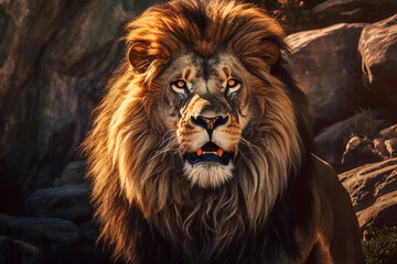 Poster -   A majestic image of a lion, showcasing its regal mane and powerful presence in its natural habitat.  Generative AI technology.