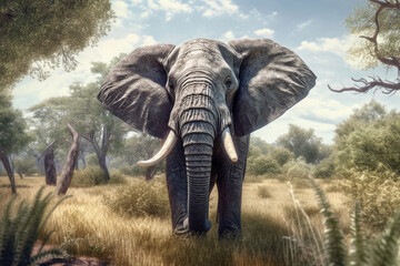 Poster -  A captivating image of an elephant, highlighting its massive size, wrinkled skin, and impressive tusks. Generative AI technology.