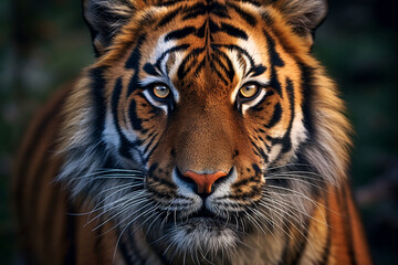 Poster -  A striking photograph of a tiger, capturing its vibrant orange and black stripes and intense gaze.  Generative AI technology.