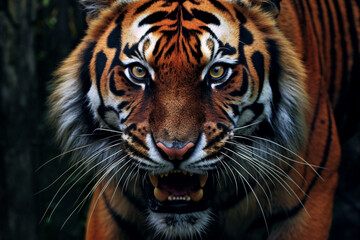 Poster -  A striking photograph of a tiger, capturing its vibrant orange and black stripes and intense gaze.  Generative AI technology.