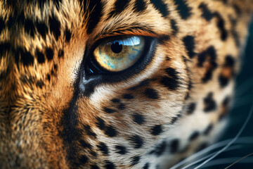 Poster -  A close-up image of a leopard, revealing its beautifully patterned fur and piercing eyes.  Generative AI technology.