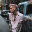 © Michael Schauer - portrait of a tattooed person with pink hair  in the street