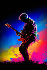 Poster - A silhouette of a guitarist on stage, captured in mid-performance, illustrating the power and emotion conveyed through music.  Generative AI technology.