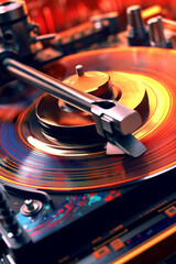 Poster -  A close-up shot of a DJ's turntable, capturing the intricate details of vinyl spinning and needle touching the record.  Generative AI technology.