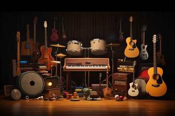 Poster - A collection of various musical instruments arranged artistically, showcasing the diversity and beauty of sound creation.  Generative AI technology.