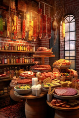 Aufkleber -  A display of house-made charcuterie, including cured meats, pâtés, and terrines, showcasing the creativity and craftsmanship of a butcher.  Generative AI technology.