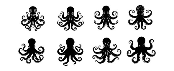 Octopus sea animal silhouette set isolated on white background. Underwater marine octopus graphic elements. Vector illustration