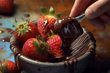 Poster -  A confectioner hand-dipping strawberries into melted chocolate, capturing the process of creating elegant and indulgent chocolate-covered fruits.  Generative AI technology.