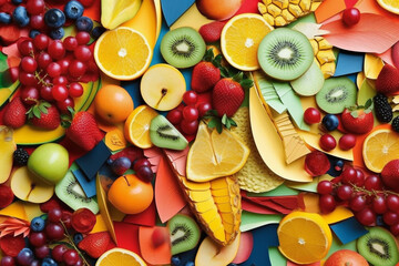 Poster - An abstract collage artwork created by layering and overlapping cut-out shapes of fruits from colorful papers or magazines,  Generative AI technology.