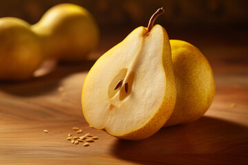 Aufkleber -  An image of a sliced, ripe pear, showcasing its smooth skin and juicy, sweet flesh.  Generative AI technology.