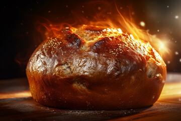 Aufkleber -  A close-up photograph of a freshly baked loaf of bread, with a golden crust and steam rising from the surface.  Generative AI technology.
