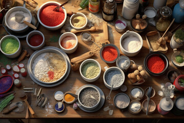 Poster - An overhead shot of a baker's workstation, with bowls of ingredients, measuring spoons, and a rolling pin,  Generative AI technology.