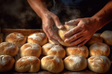 Poster -  A close-up photograph of a baker's hands meticulously forming dough into individual bread rolls, showcasing the craftsmanship and dedication of the trade.  Generative AI technology.