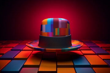 Poster - An abstract digital composition representing a gentleman's hat, composed of intersecting geometric shapes and bold colors,  Generative AI technology.