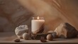 Generative AI, burning candle on beige background. Aesthetic composition with stones and dry flowers. Home interior, comfort, spa, relax and wellness concept.