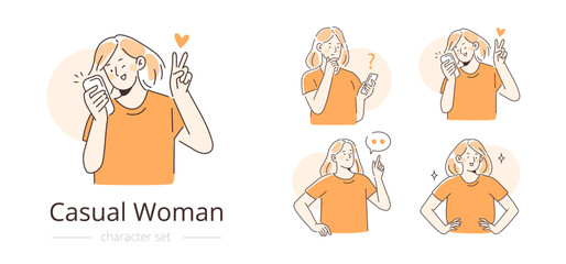 Wall Mural - Casual woman concept illustrations. Collection of character holding smartphone, making selfie and pointing with finger at something. Vector illustration.